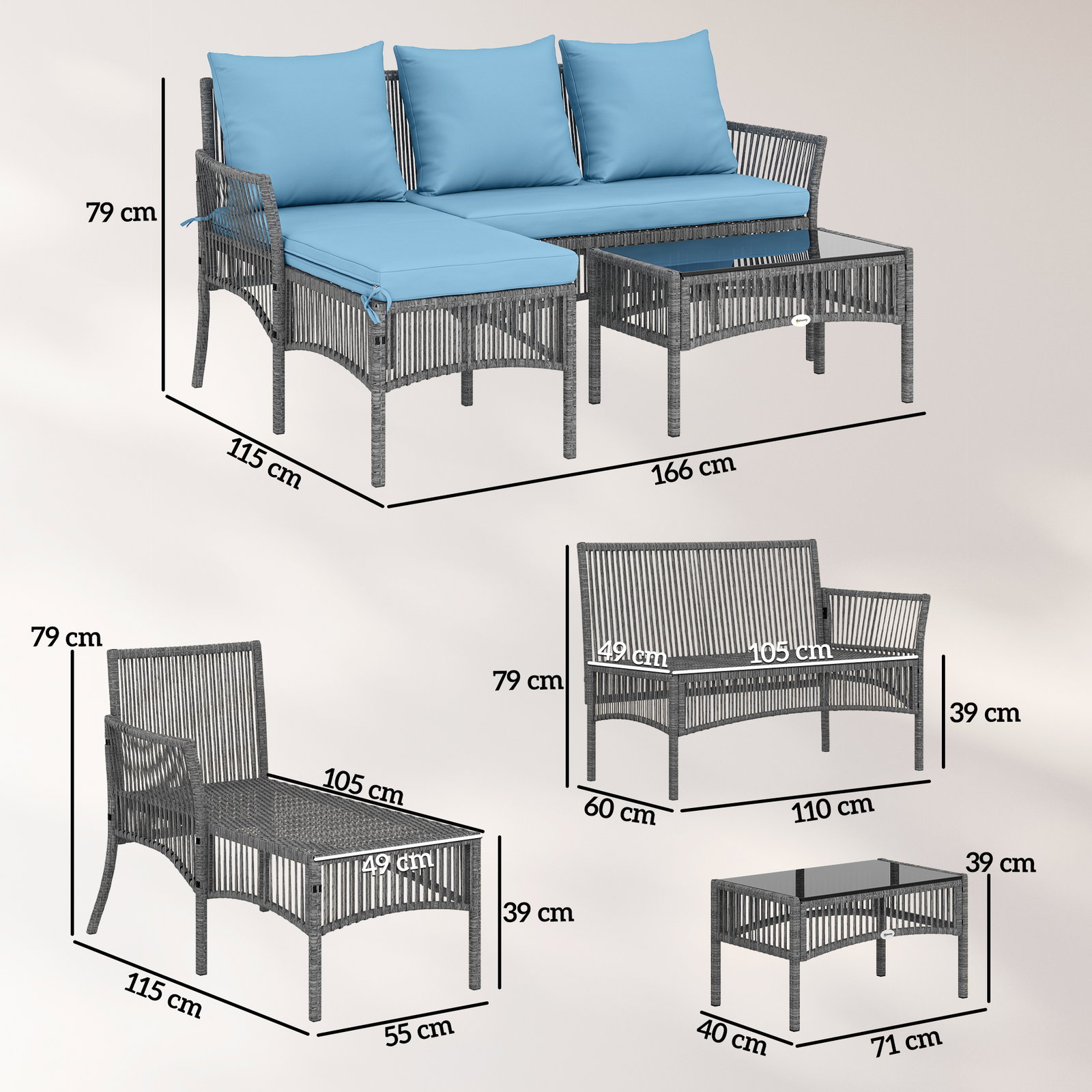 Conjunto de jardim exterior de vime com sofá de 2 lugares, chaise longue e mesa de centro com vidro temperado azul claro