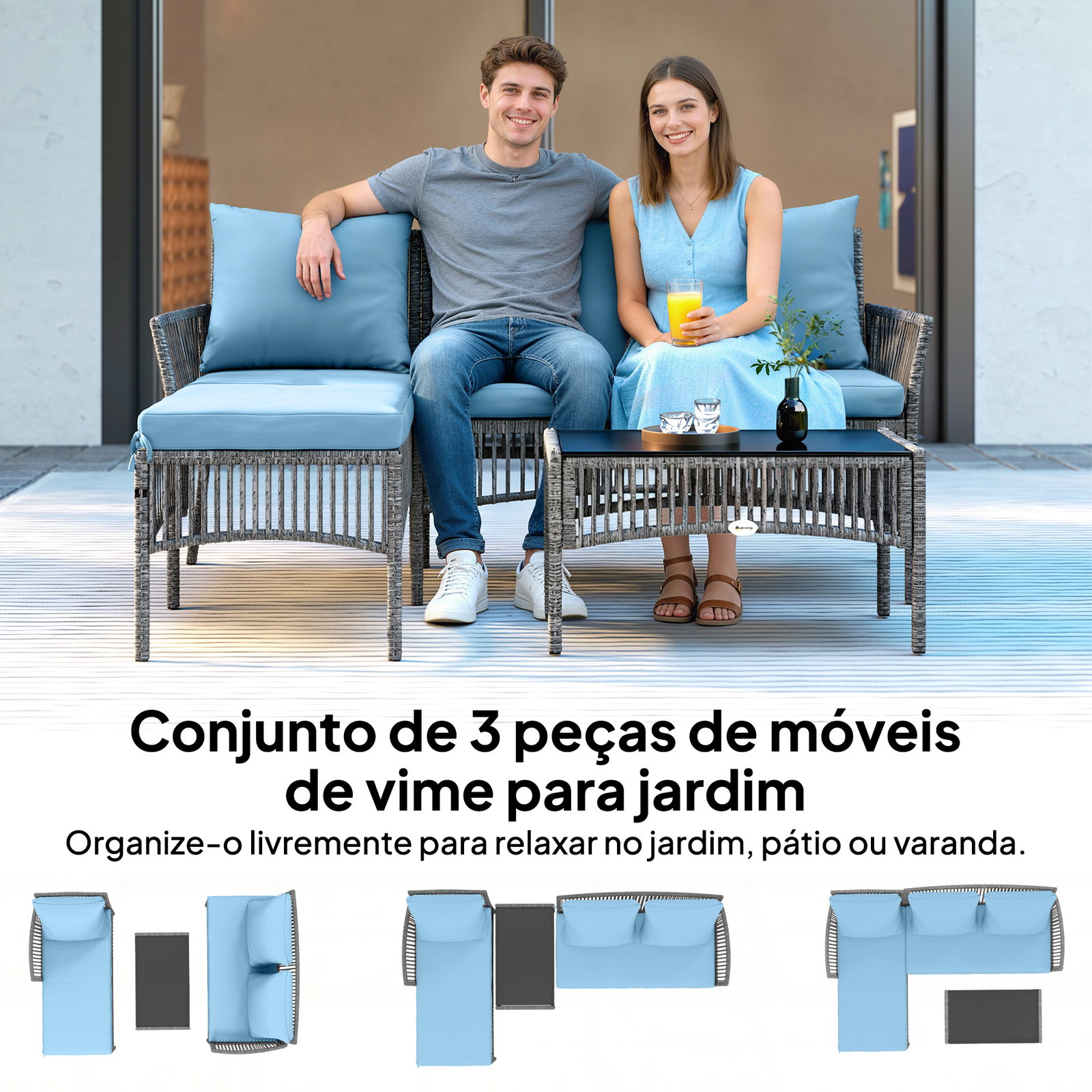 Conjunto de jardim exterior de vime com sofá de 2 lugares, chaise longue e mesa de centro com vidro temperado azul claro