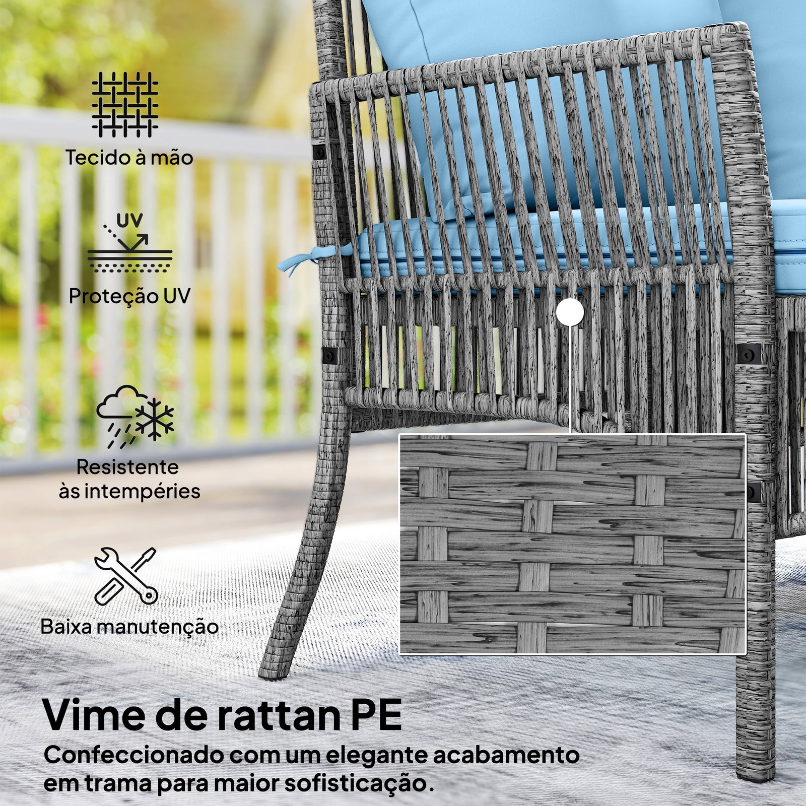 Conjunto de jardim exterior de vime com sofá de 2 lugares, chaise longue e mesa de centro com vidro temperado azul claro