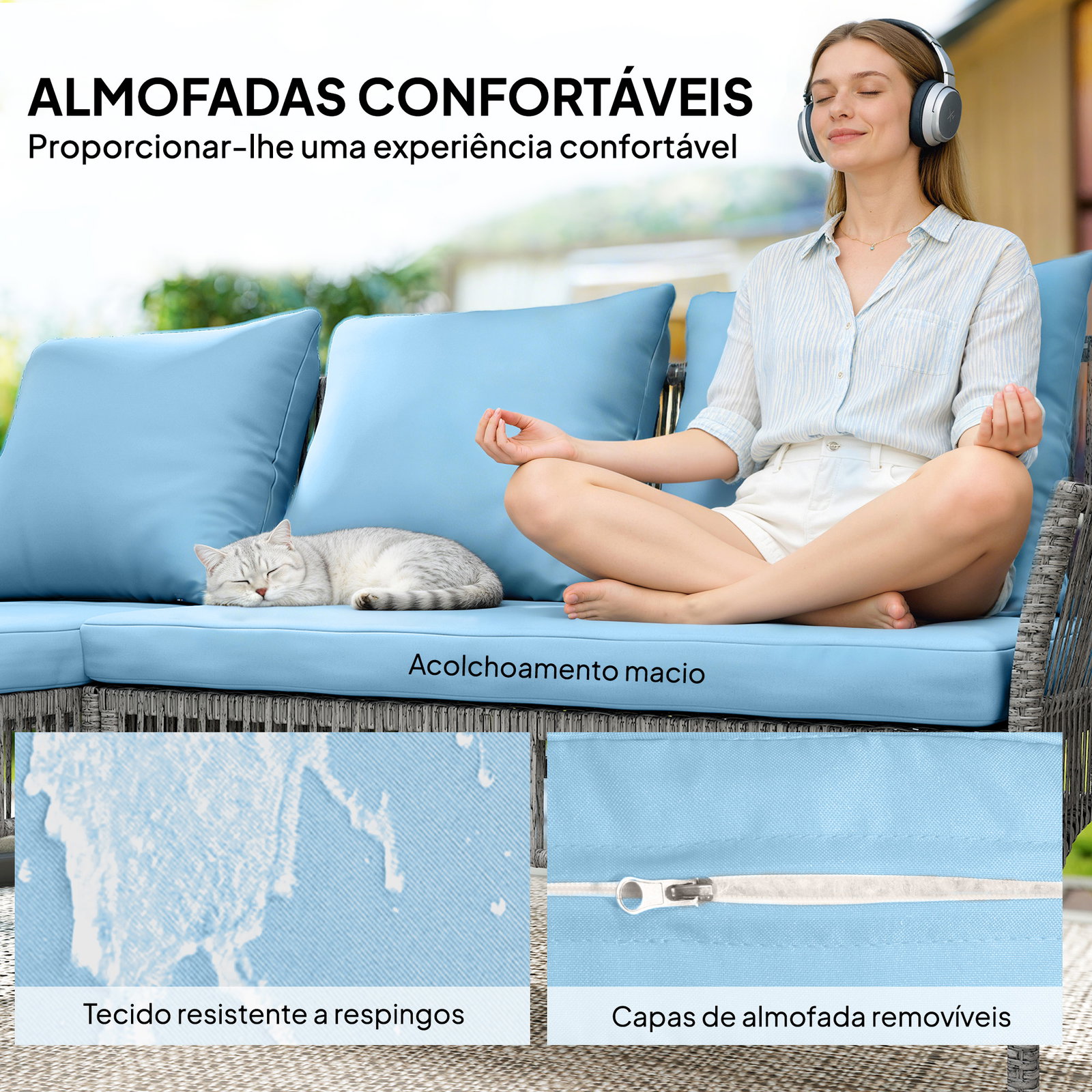 Conjunto de jardim exterior de vime com sofá de 2 lugares, chaise longue e mesa de centro com vidro temperado azul claro
