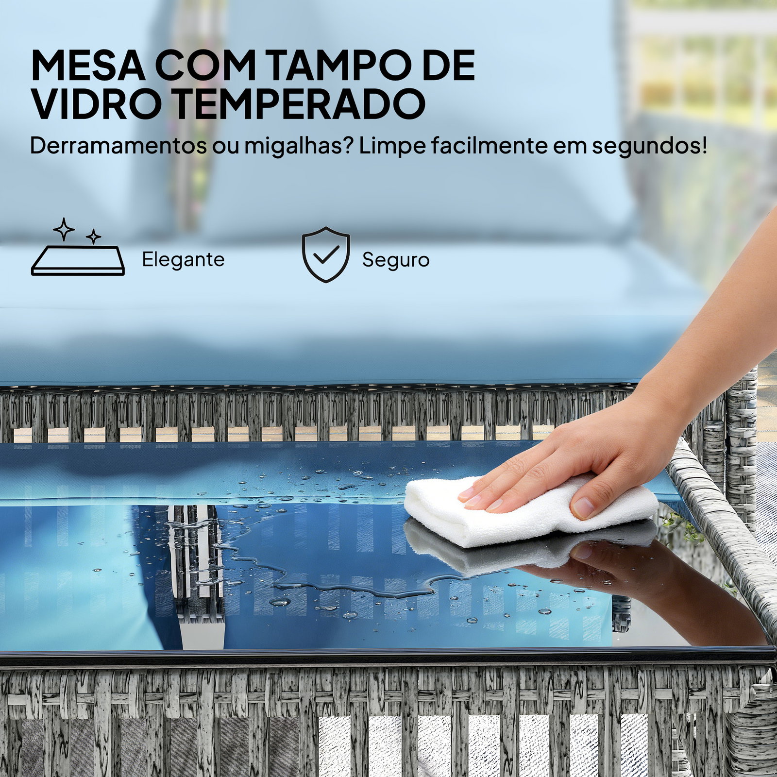 Conjunto de jardim exterior de vime com sofá de 2 lugares, chaise longue e mesa de centro com vidro temperado azul claro