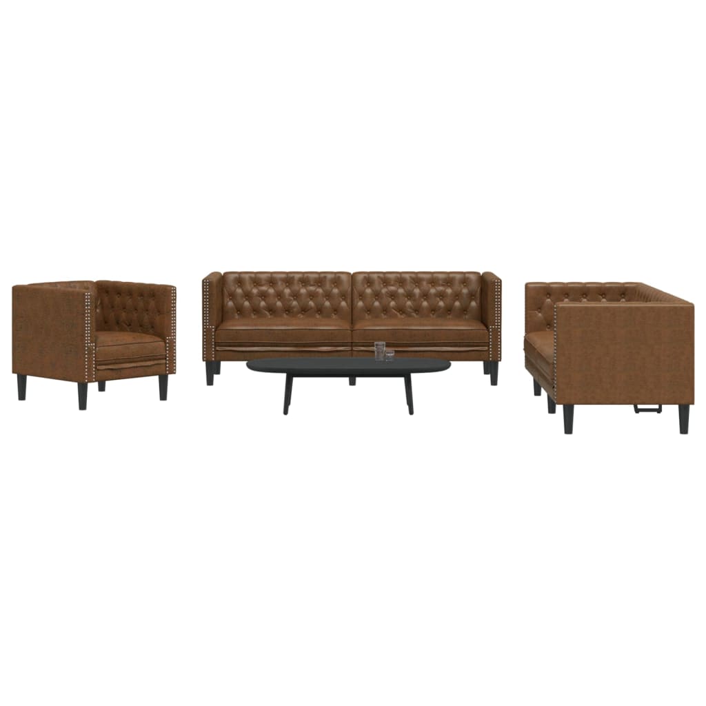 3 Pcs conj. de sofás chesterfield camurça artificial castanho