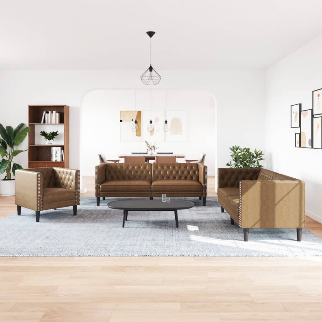 3 Pcs conj. de sofás chesterfield camurça artificial castanho