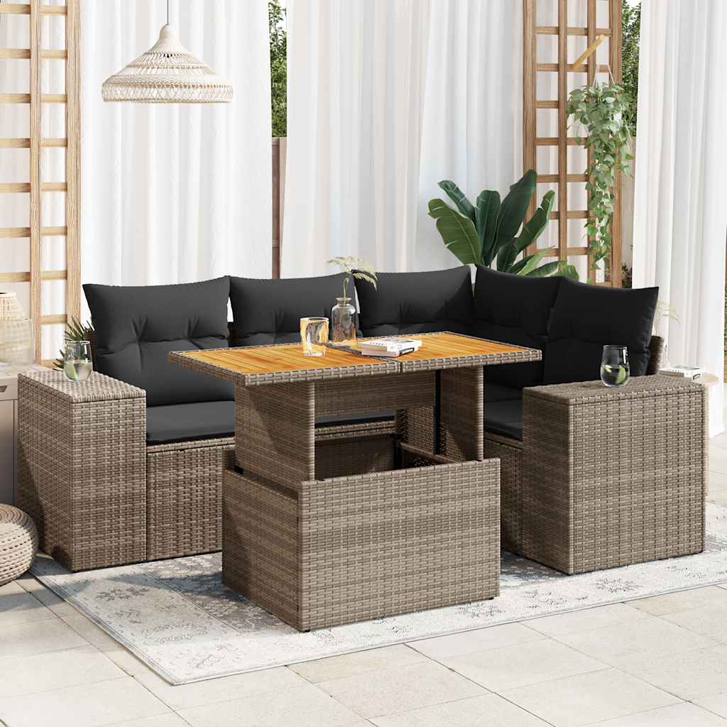 5 Pcs conjunto sofás de jardim c/ almofadões vime PE cinzento