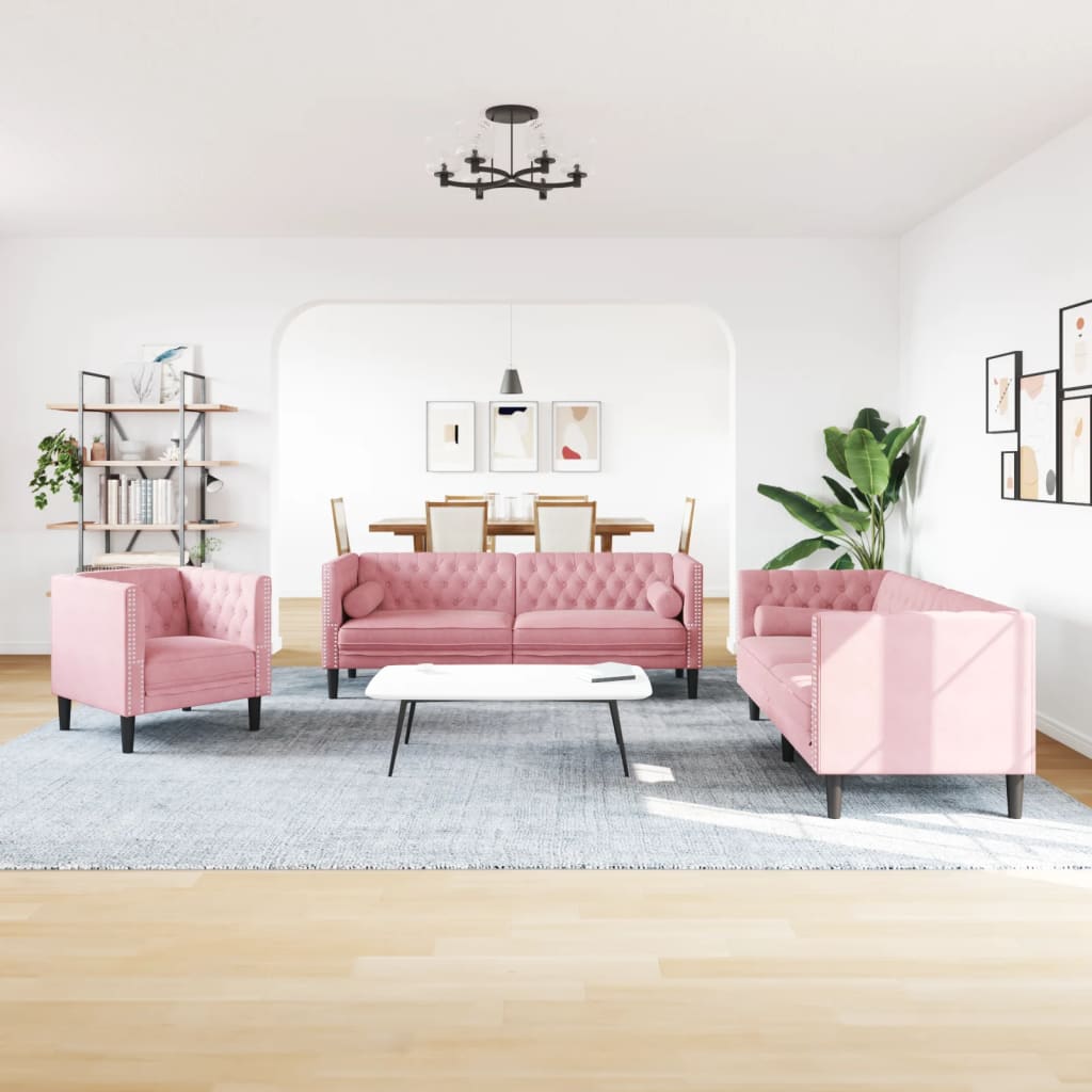 3 Pcs conjunto de sofás chesterfield com rolos veludo rosa