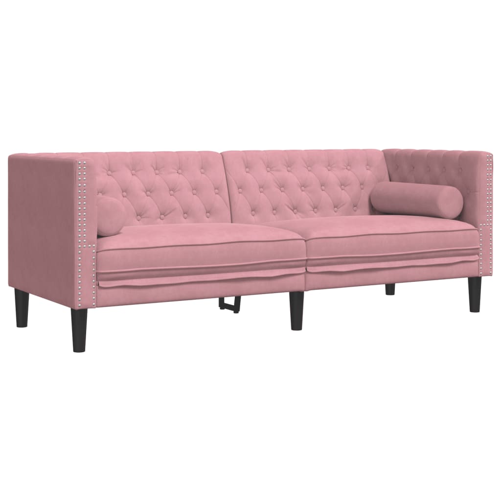 3 Pcs conjunto de sofás chesterfield com rolos veludo rosa