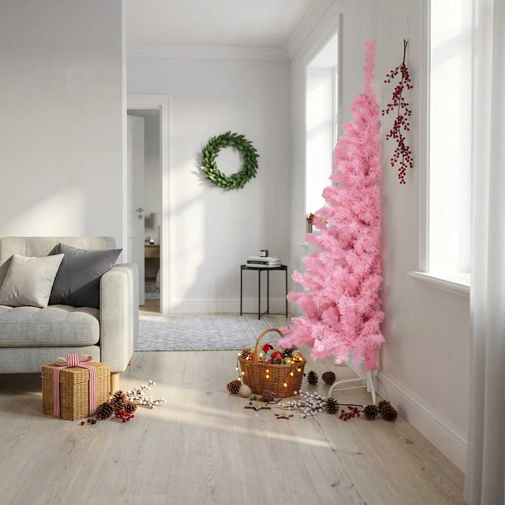 Meia árvore de natal artificial com suporte 180 cm PVC rosa