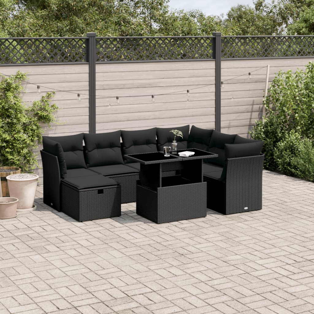 8 Pcs conjunto sofás de jardim com almofadões vime PE preto