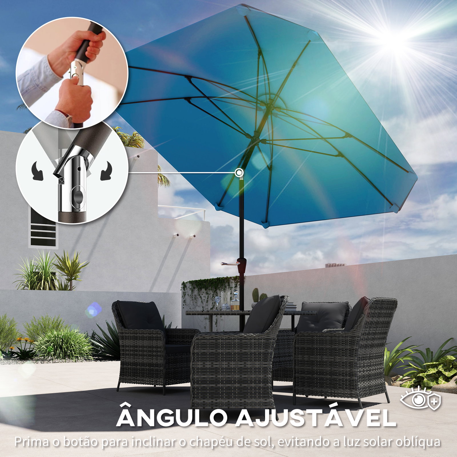 Chapéu de sol de exterior 233x233 cm chapéu de sol de jardim com ângulo ajustável impermeável azul