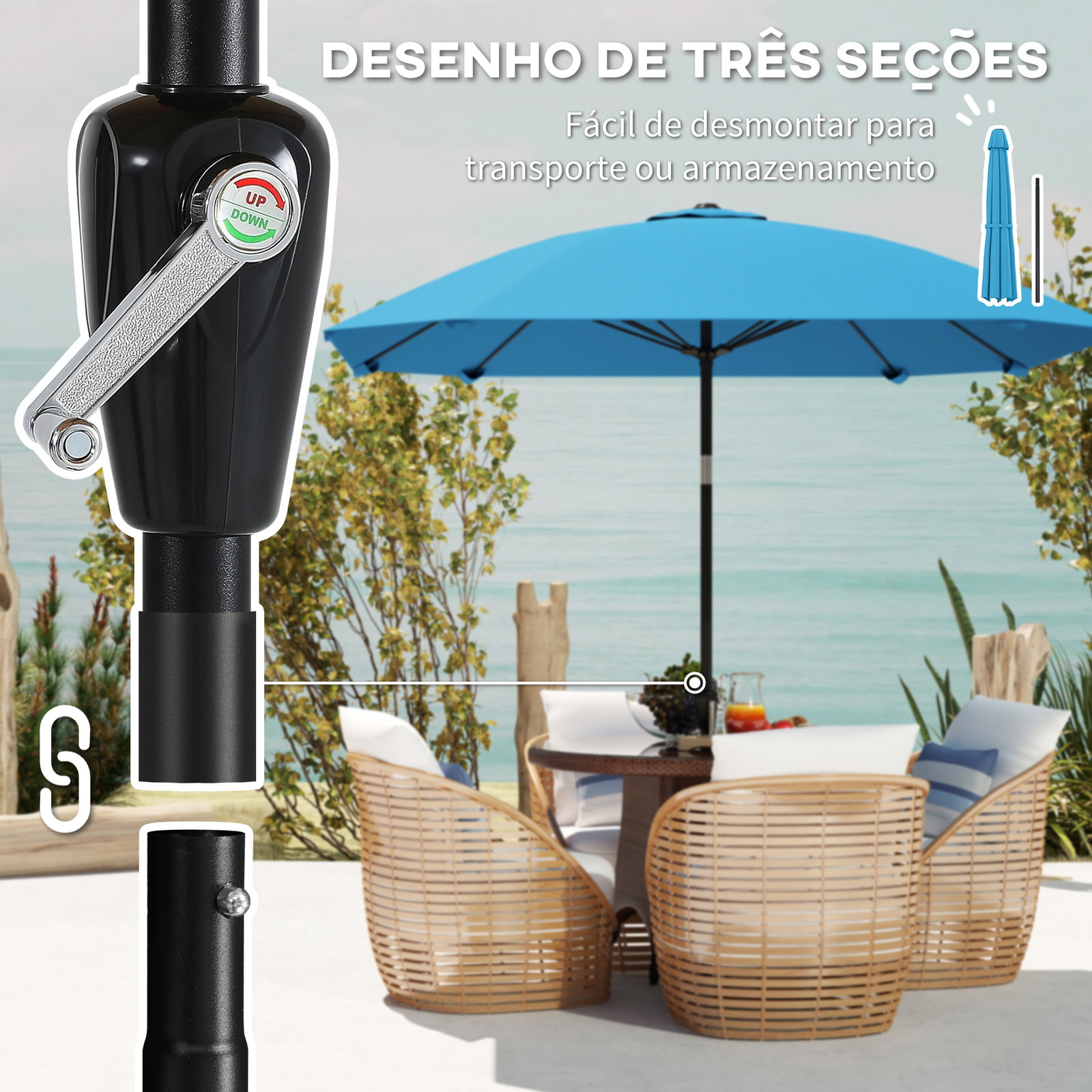 Chapéu de sol de exterior 233x233 cm chapéu de sol de jardim com ângulo ajustável impermeável azul