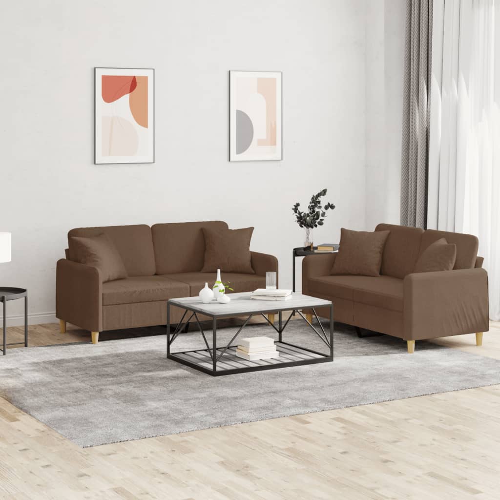 2 Pcs conjunto de sofás com almofadas tecido castanho