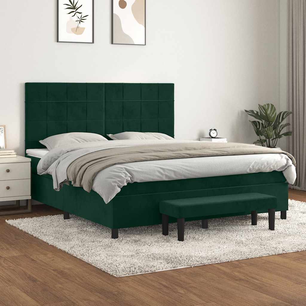 Cama com molas/colchão 160x200 cm veludo verde-escuro