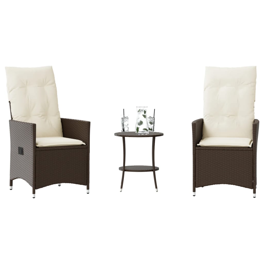 3 Pcs conjunto bistrô com almofadões vime PE castanho