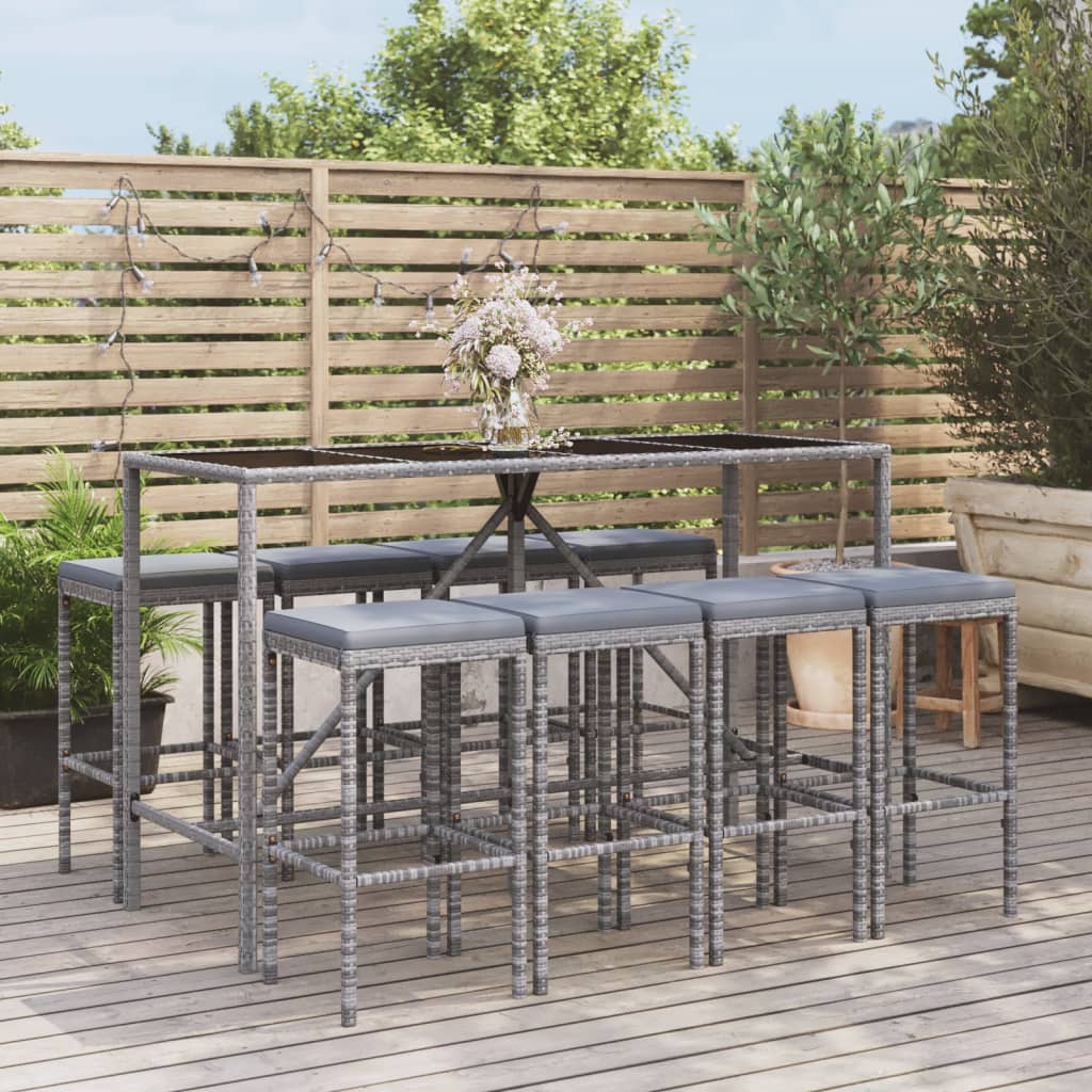 9 Pcs conjunto de bar p/ jardim c/ almofadões vime PE cinzento