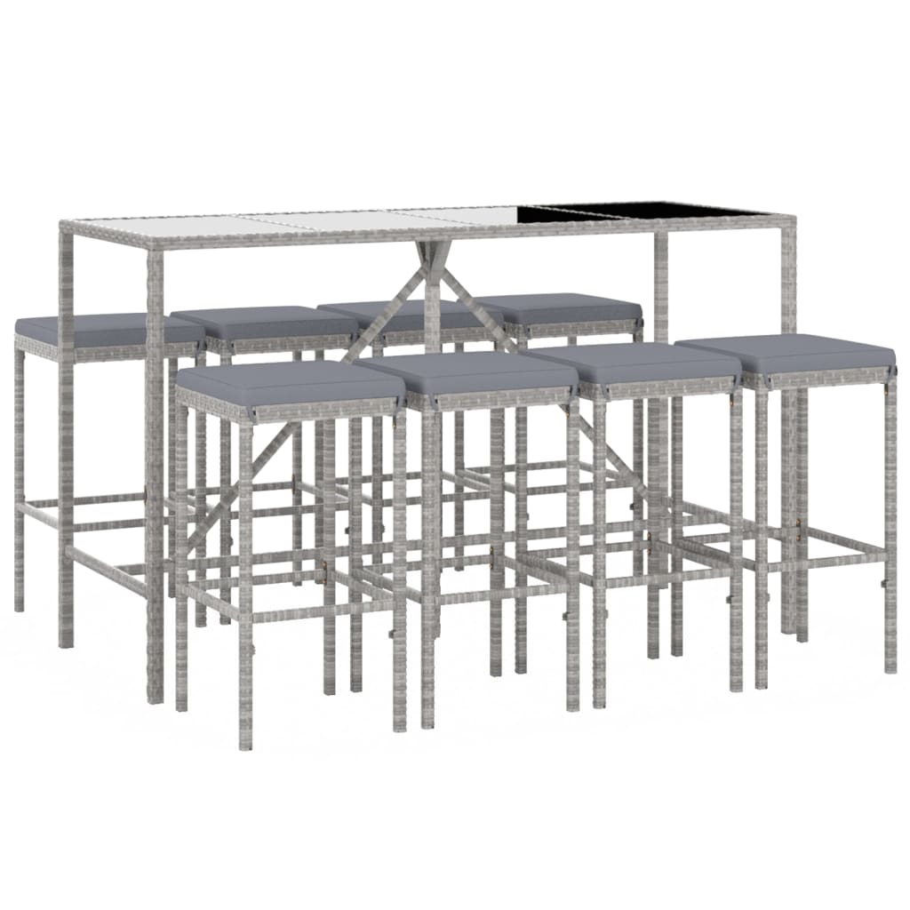 9 Pcs conjunto de bar p/ jardim c/ almofadões vime PE cinzento