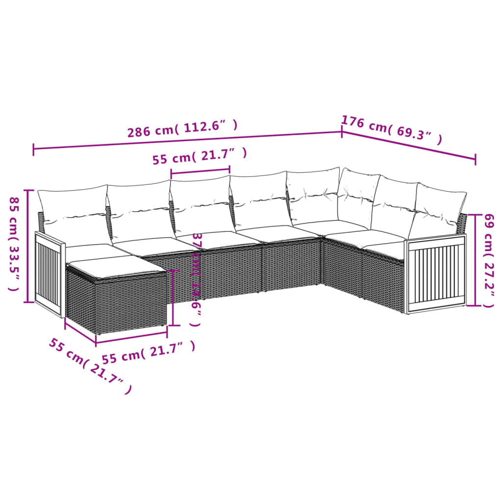 8 Pcs conjunto de sofás p/ jardim com almofadões vime PE bege
