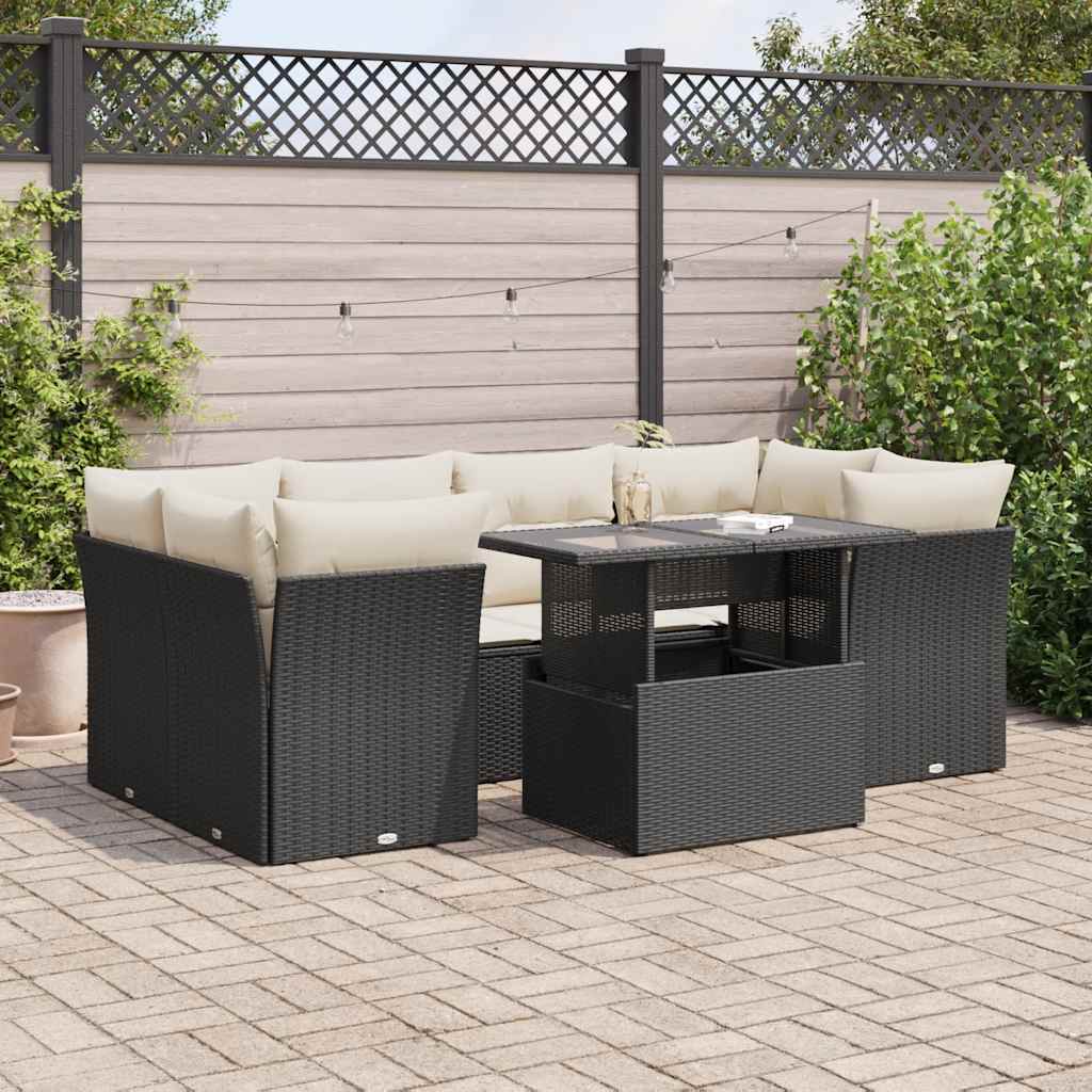 7 Pcs conjunto de sofás p/ jardim c/ almofadões vime PE preto