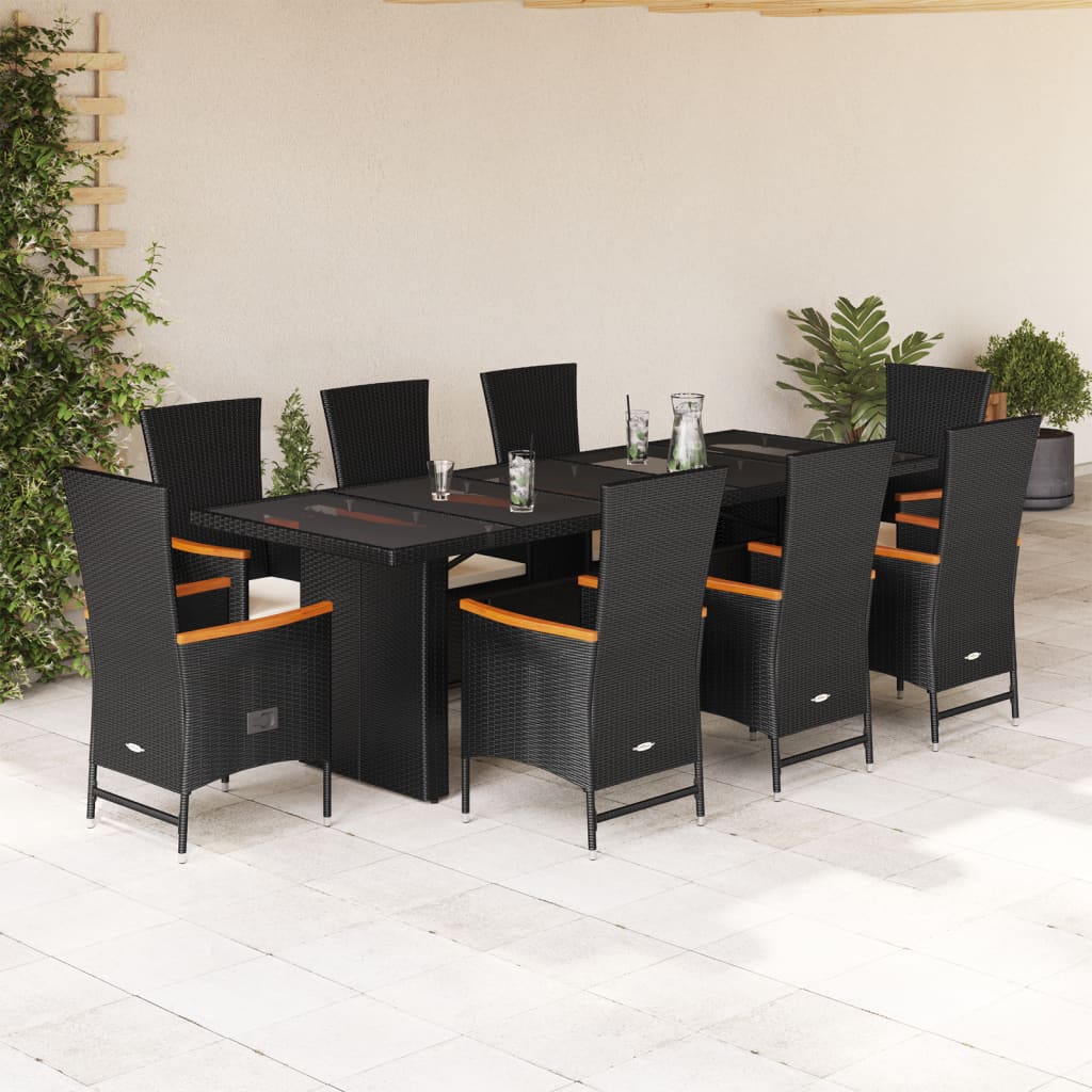 9 Pcs conjunto de jantar p/ jardim c/ almofadões vime PE preto