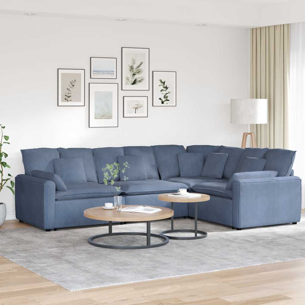 Sofá modular com almofadas em tecido de veludo cotelê azul