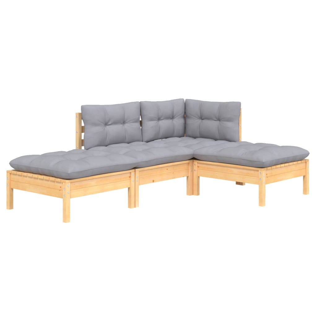 4 Pcs conjunto lounge de jardim + almofadões cinza pinho maciço