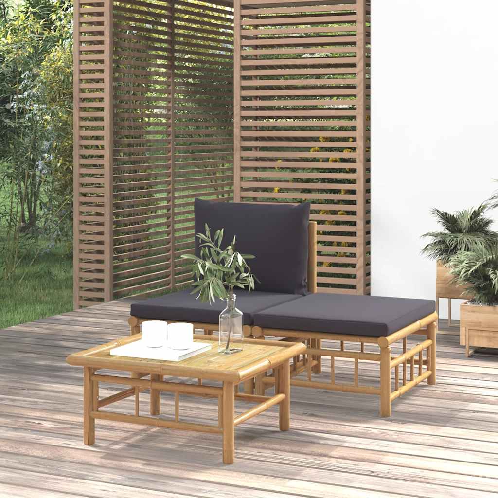 3Pcs conj. lounge de jardim bambu c/ almofadões cinzento-escuro