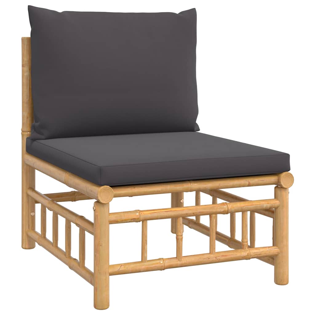 3Pcs conj. lounge de jardim bambu c/ almofadões cinzento-escuro