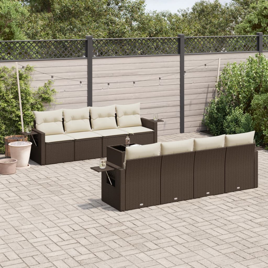 9 Pcs conjunto sofás p/ jardim c/ almofadões vime PE castanho