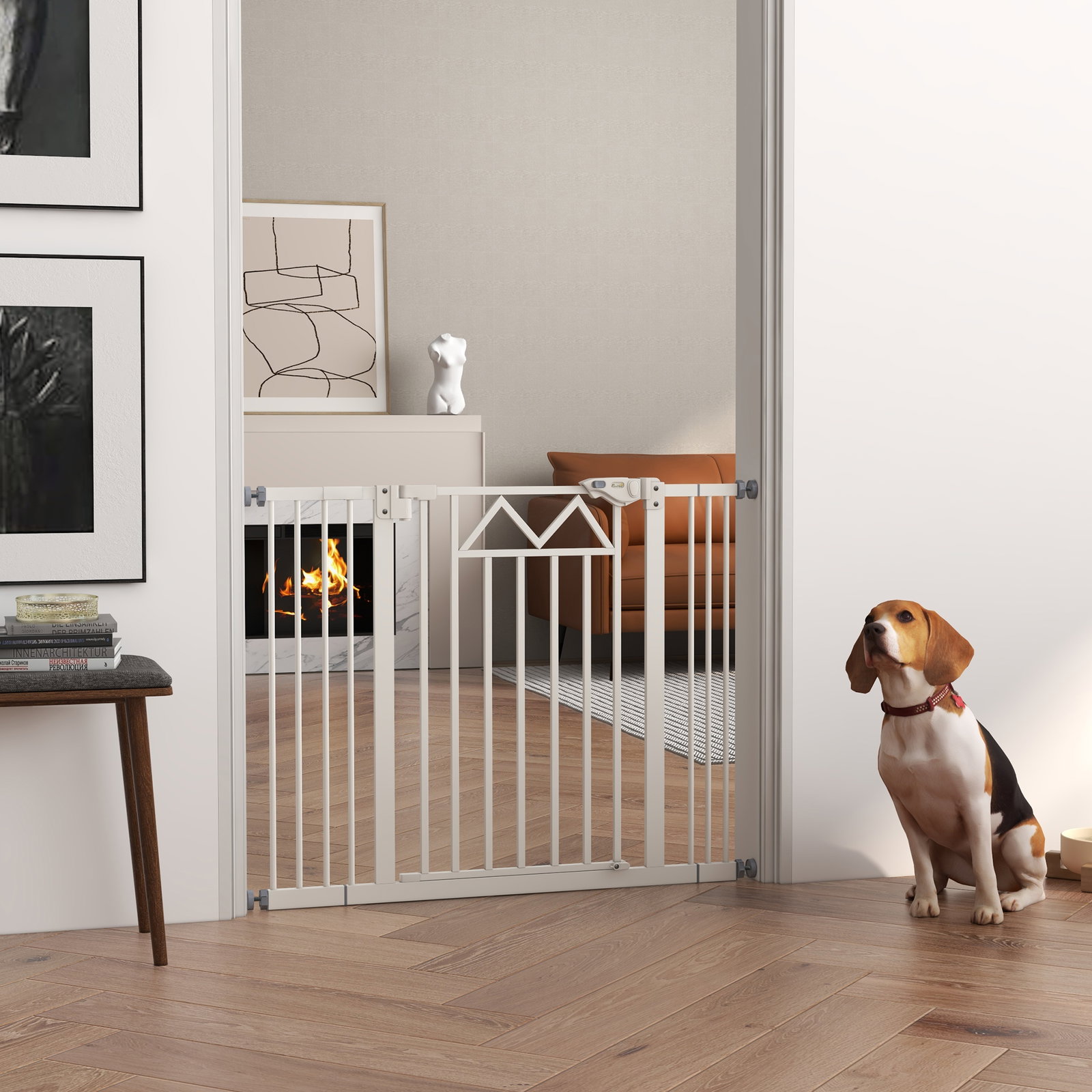Barreira de segurança extensível para animais de estimação com fecho automático e sistema de duplo bloqueio 74-100x76 cm branco