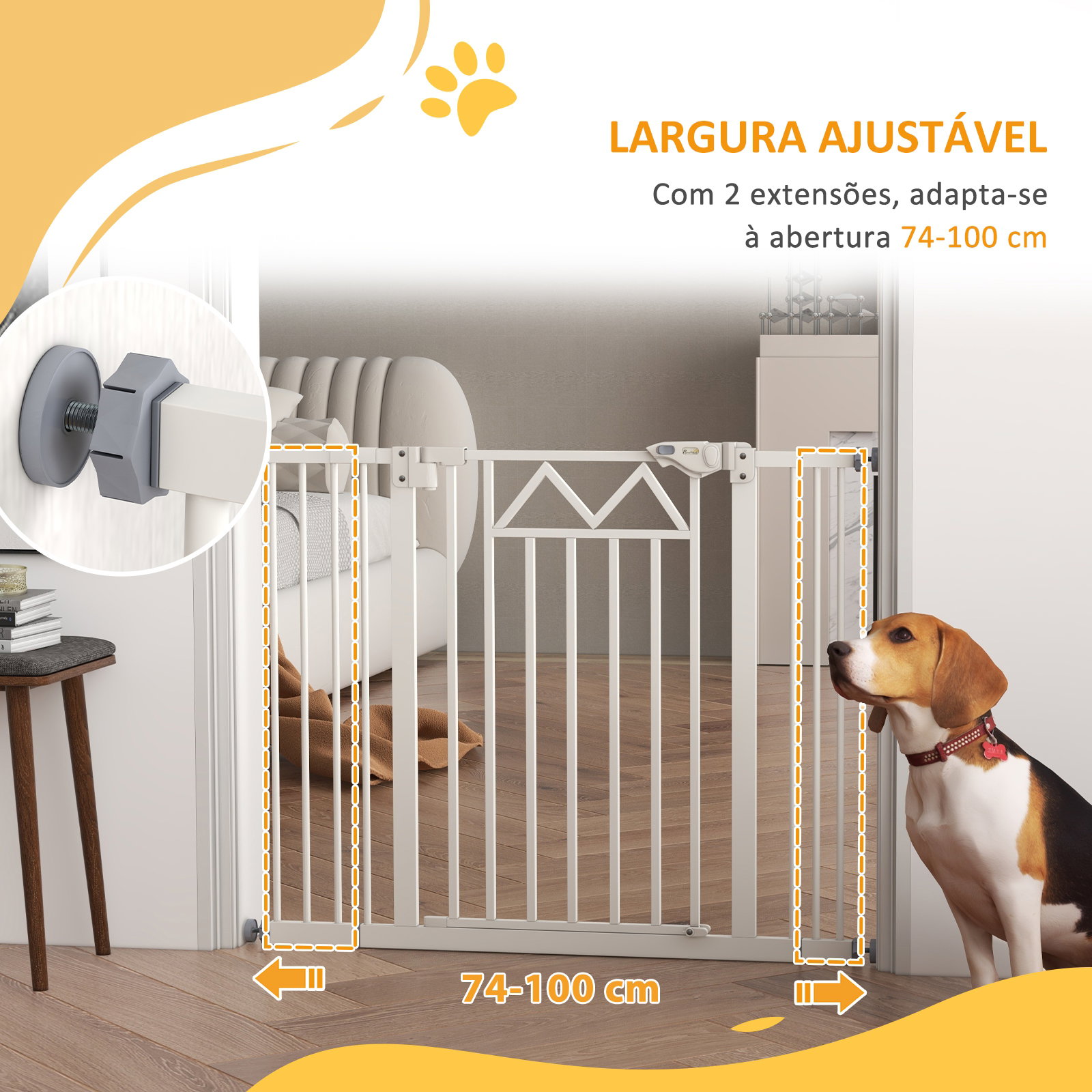 Barreira de segurança extensível para animais de estimação com fecho automático e sistema de duplo bloqueio 74-100x76 cm branco