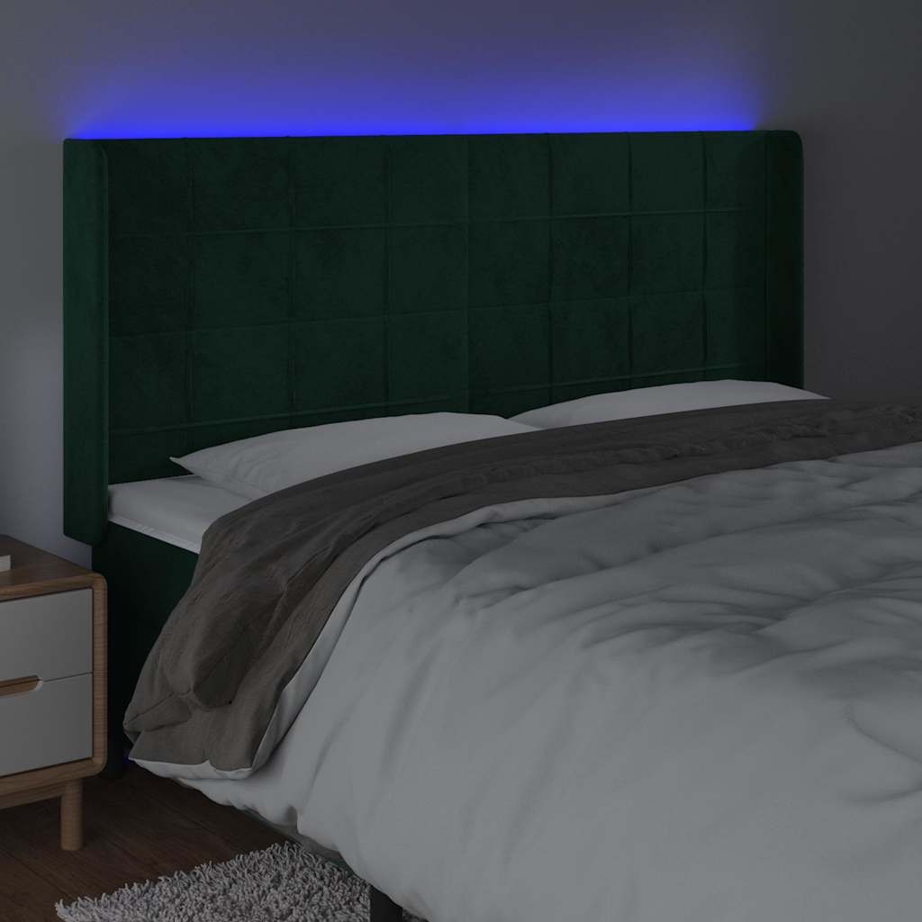 Cabeceira de cama c/ LED veludo 163x16x118/128 cm verde-escuro