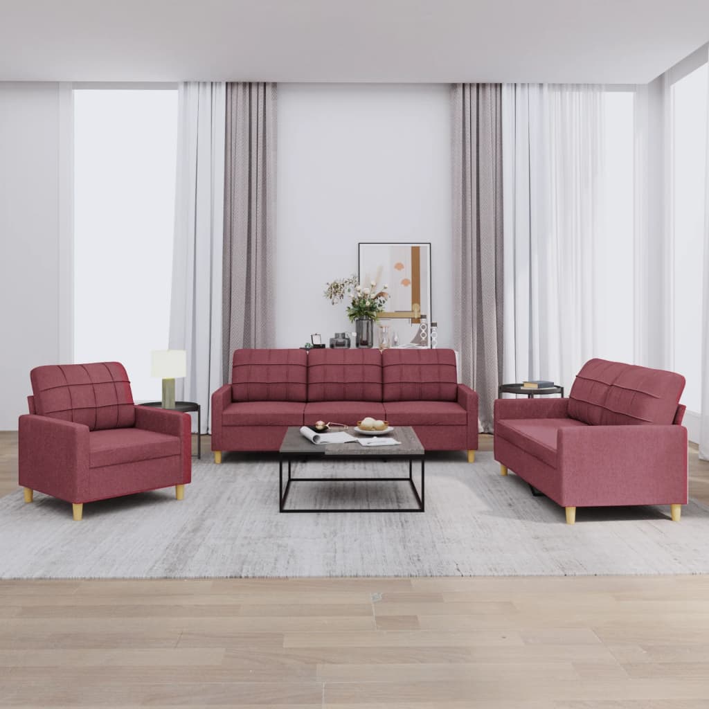 3 Pcs conjunto de sofás com almofadões tecido vermelho tinto