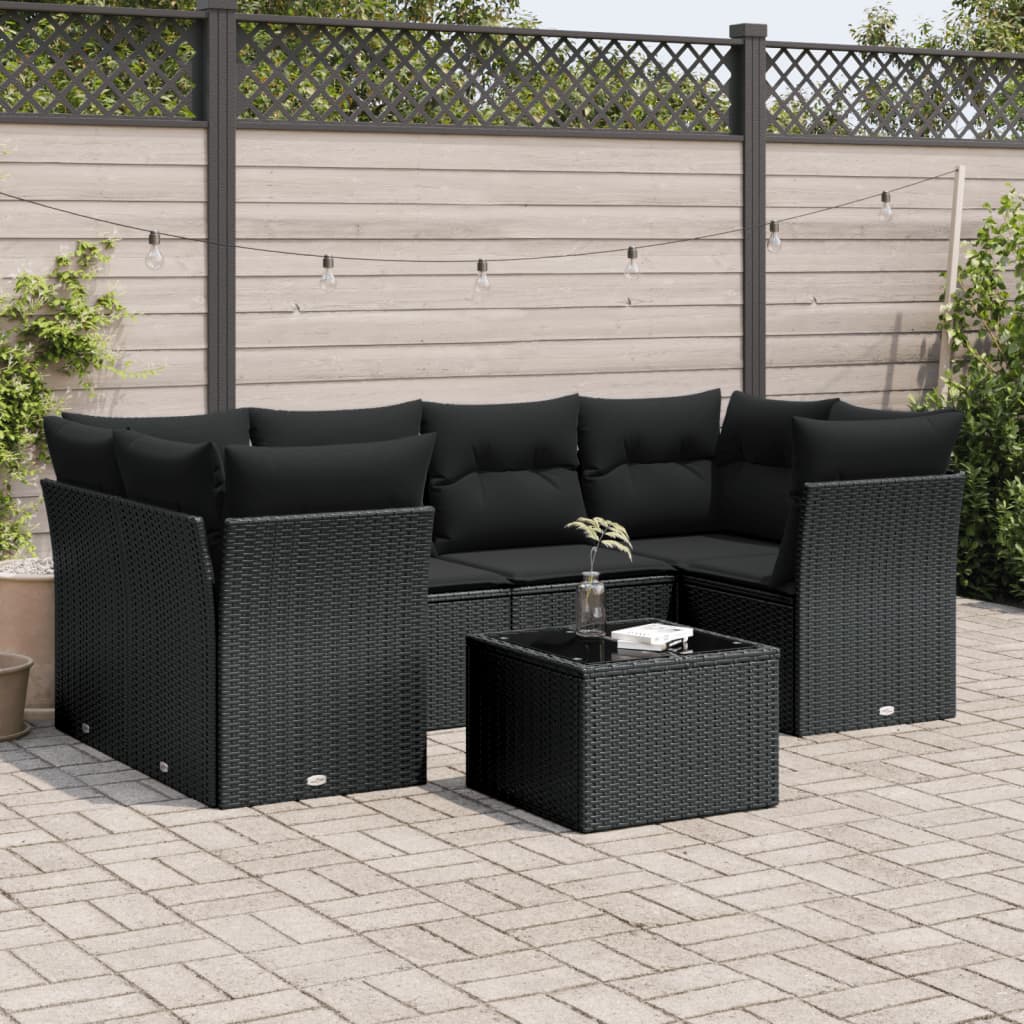 7 Pcs conjunto de sofás p/ jardim c/ almofadões vime PE preto