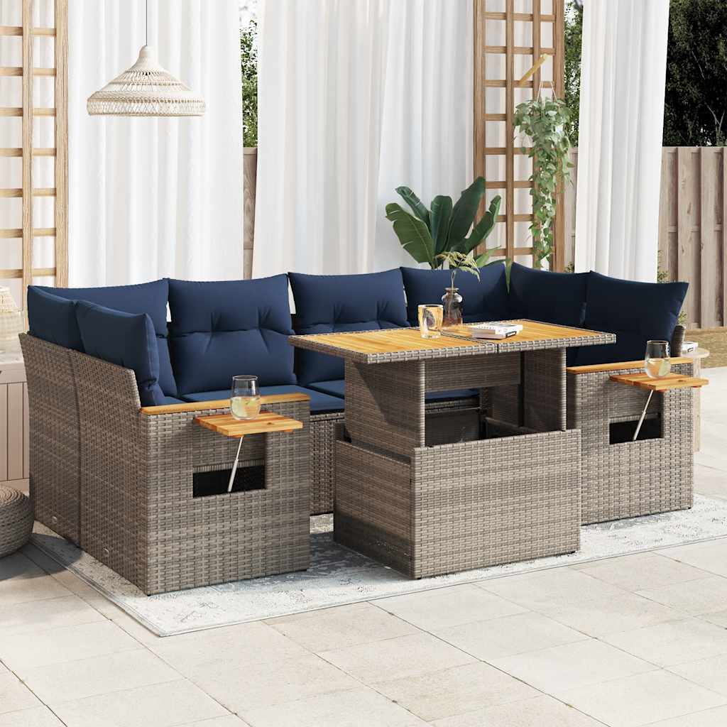 7 Pcs conjunto sofás p/ jardim c/ almofadões vime PE cinzento