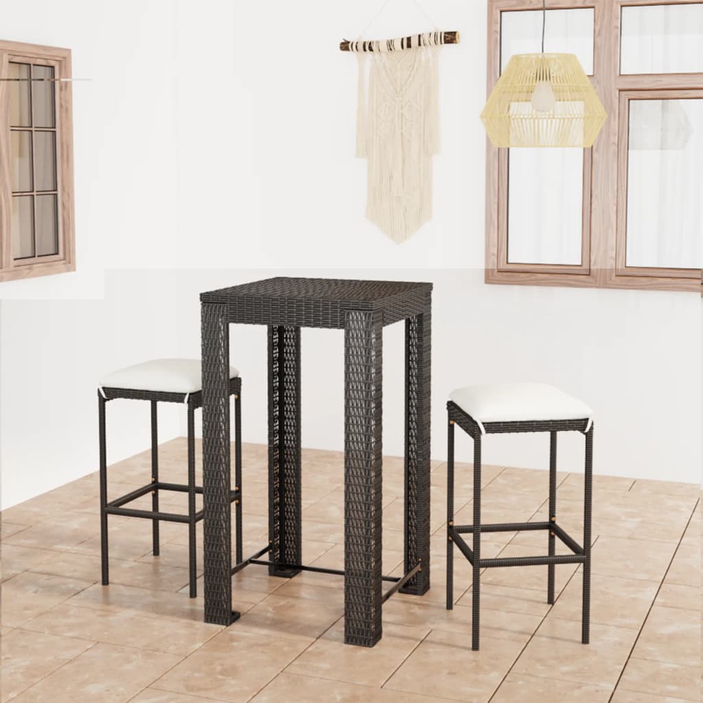 3 Pcs conjunto bar de jardim com almofadões vime PE preto