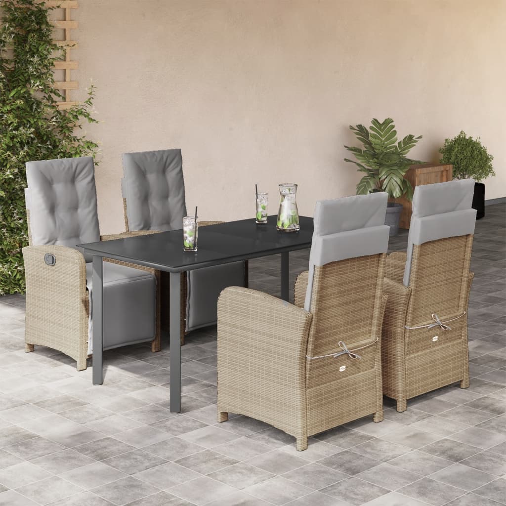 5 Pcs conjunto de jantar p/ jardim com almofadões vime PE bege