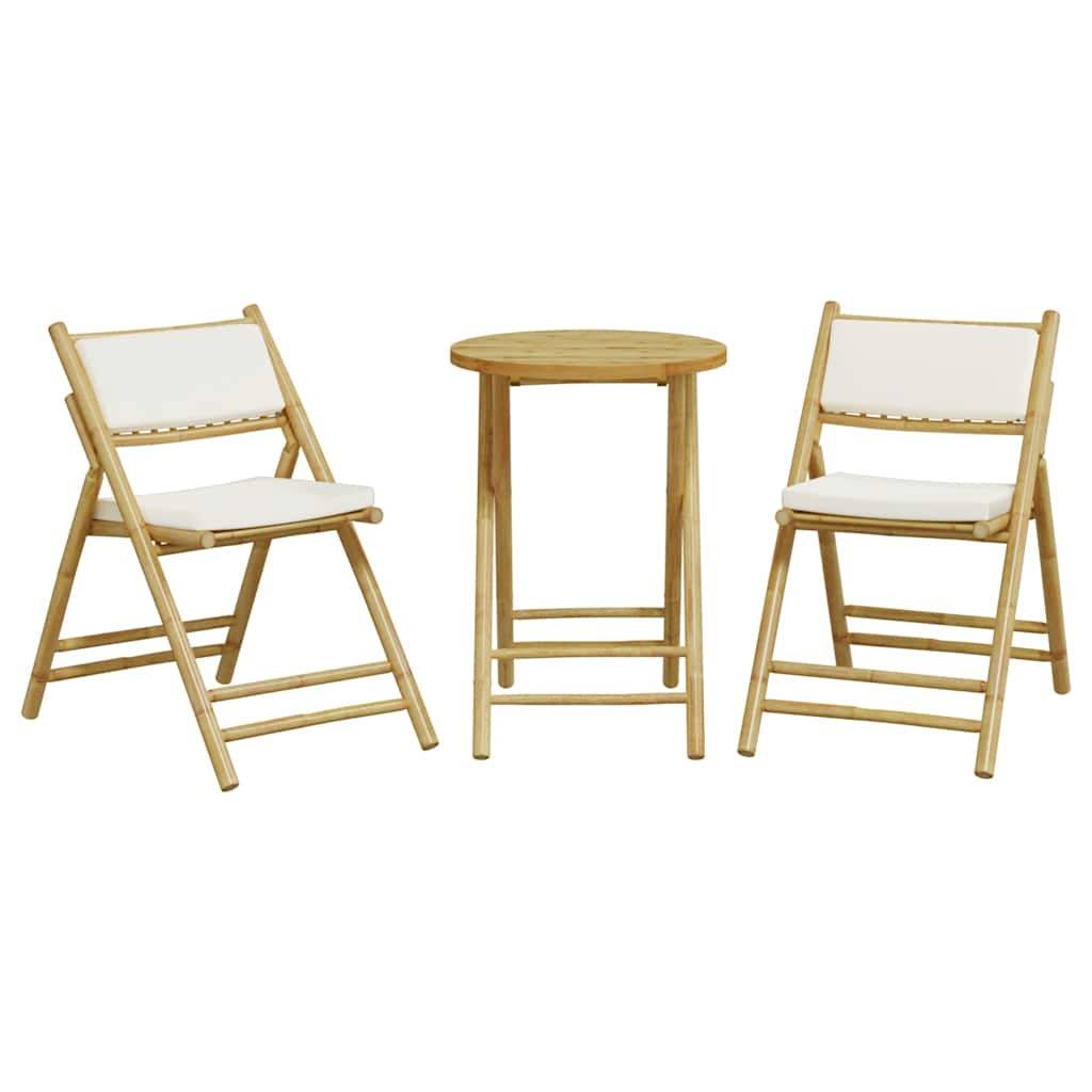 3 Pcs conjunto bistrô dobrável c/ almofadões branco nata bambu