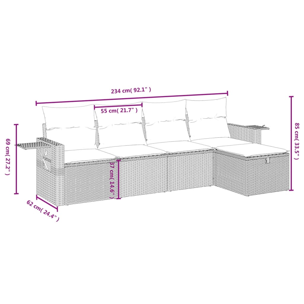5 Pcs conjunto de sofás p/ jardim com almofadões vime PE bege