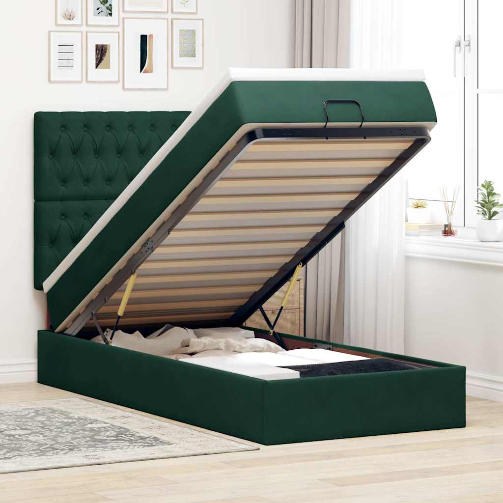 Estrutura cama otomana colchões 80x200cm veludo verde escuro