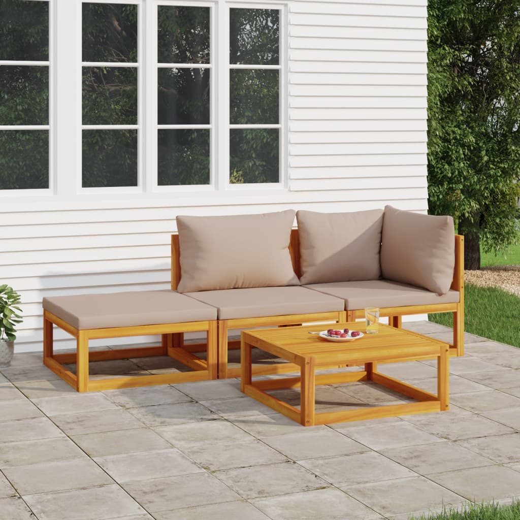 4Pcs conj. lounge jardim madeira c/almofadões cinza-acastanhado