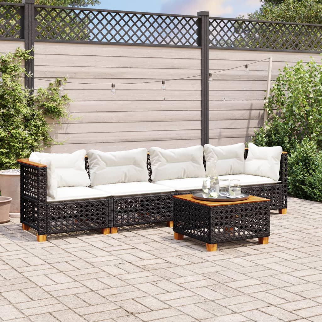 5 Pcs conjunto sofás de jardim com almofadões vime PE preto