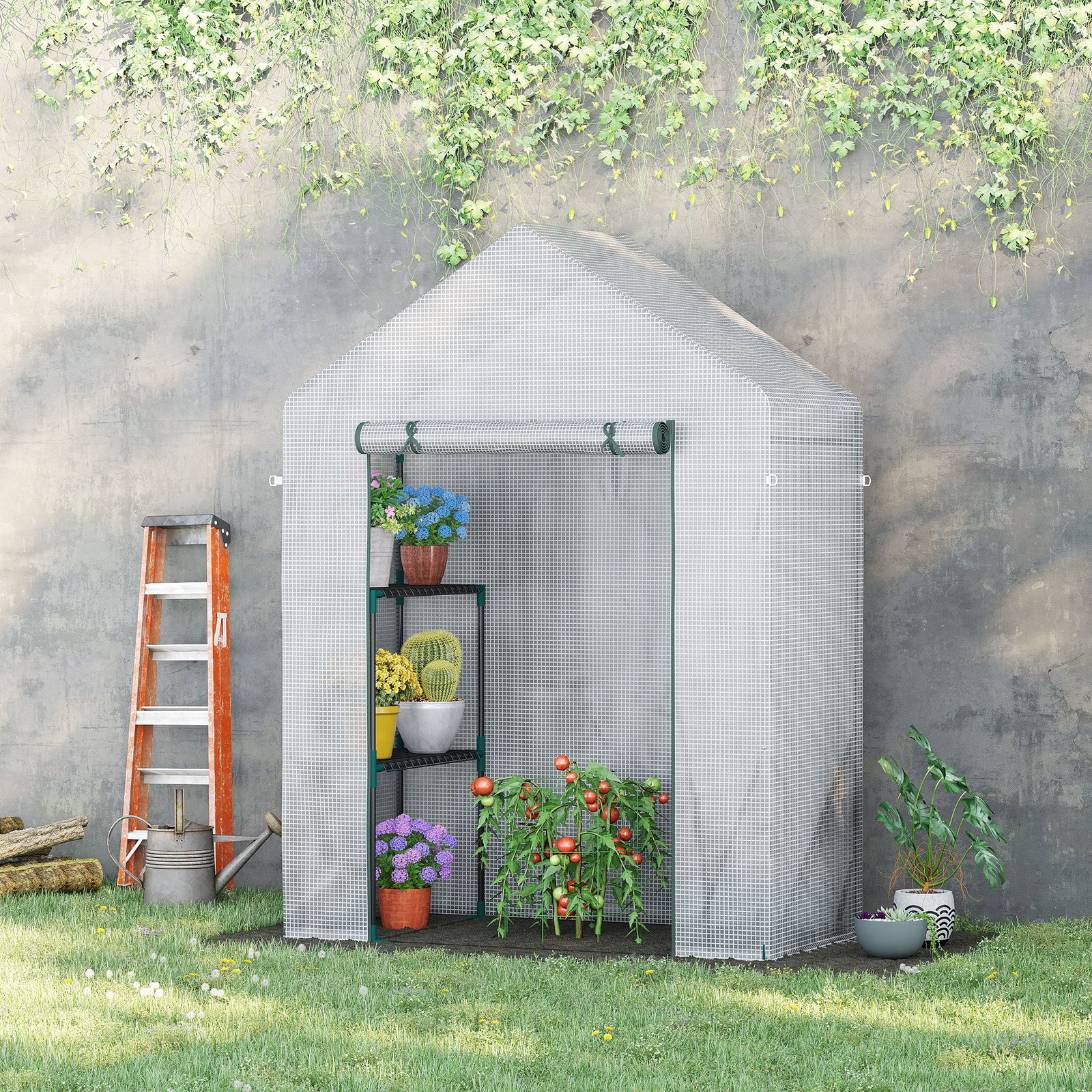 Estufa de Jardim 143x73x195cm Estufa de Aço com 2 Prateleiras e Porta Enrolável para Cultivos de Plantas Vasos de Flores Pátio E
