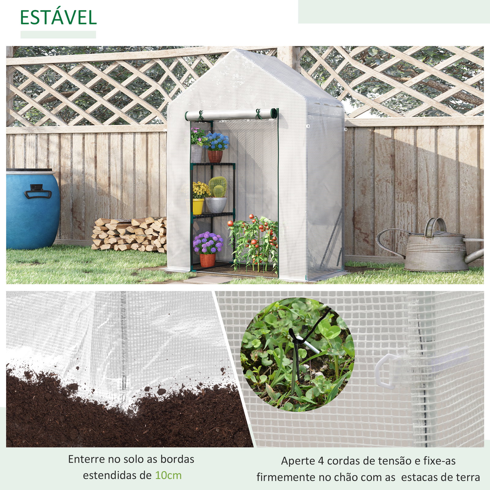 Estufa de Jardim 143x73x195cm Estufa de Aço com 2 Prateleiras e Porta Enrolável para Cultivos de Plantas Vasos de Flores Pátio E