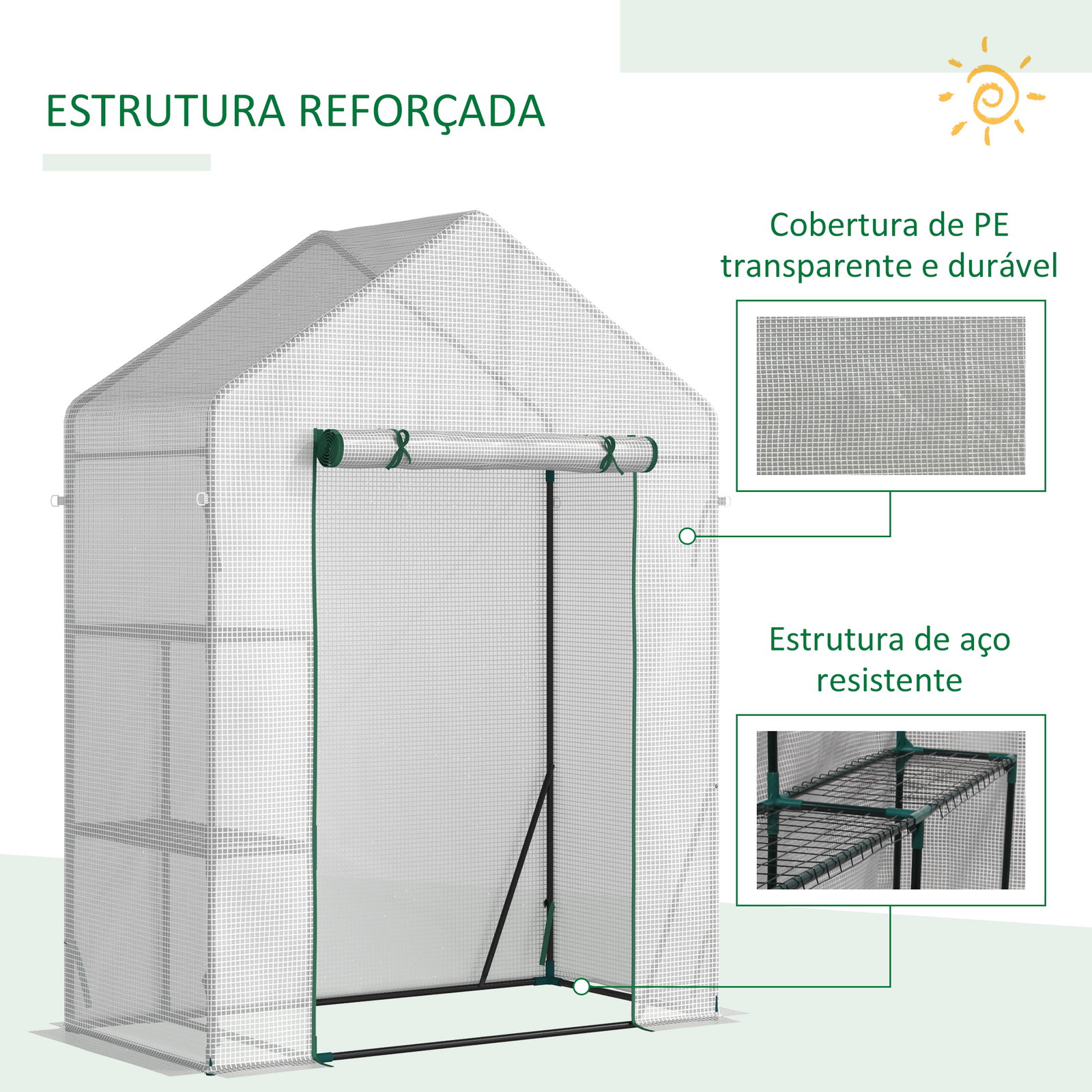 Estufa de Jardim 143x73x195cm Estufa de Aço com 2 Prateleiras e Porta Enrolável para Cultivos de Plantas Vasos de Flores Pátio E