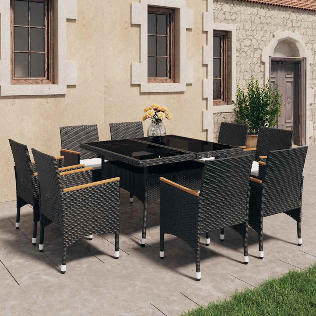 9 Pcs conj. jantar p/ jardim vime PE e madeira de acácia preto