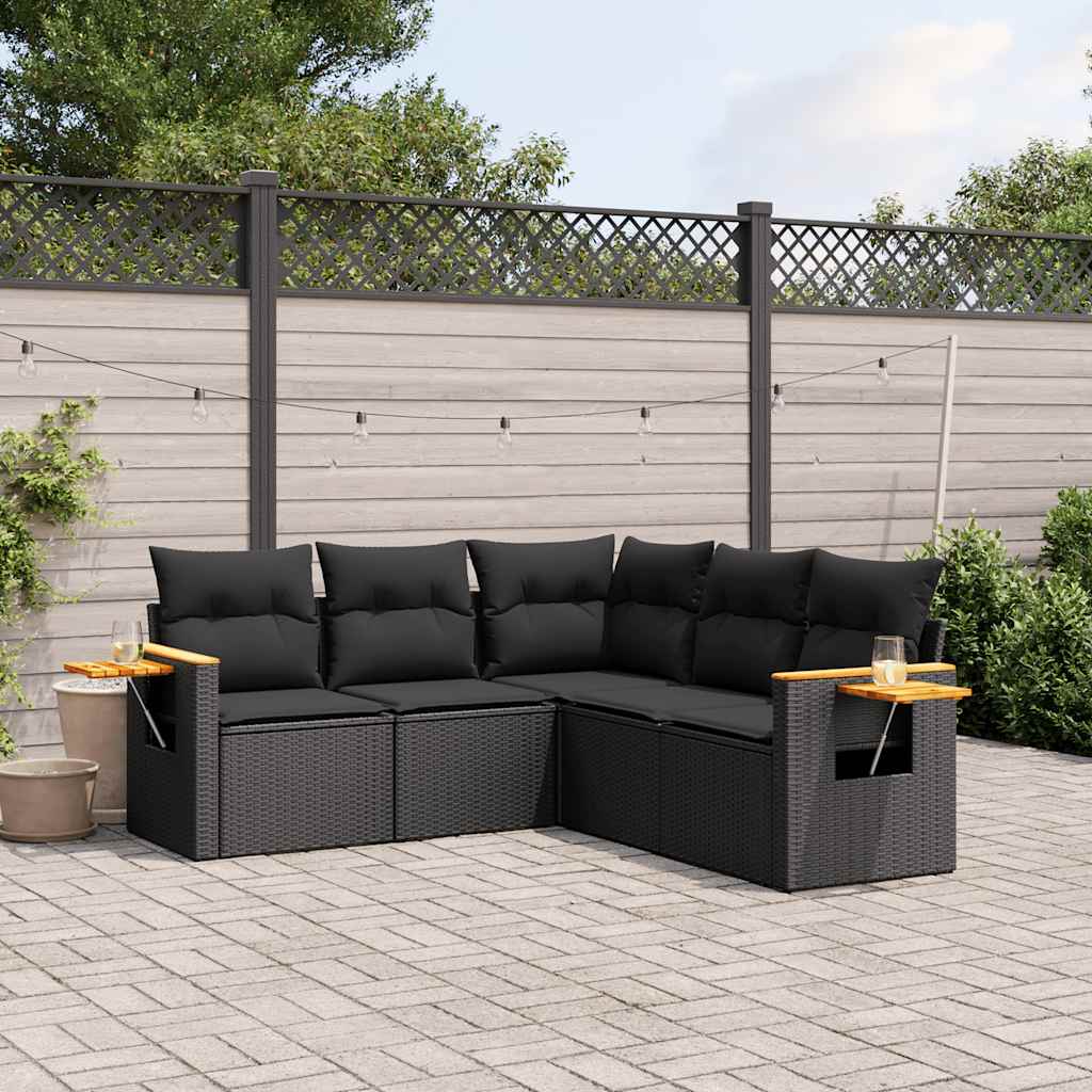 5 Pcs conjunto sofás de jardim com almofadões vime PE preto