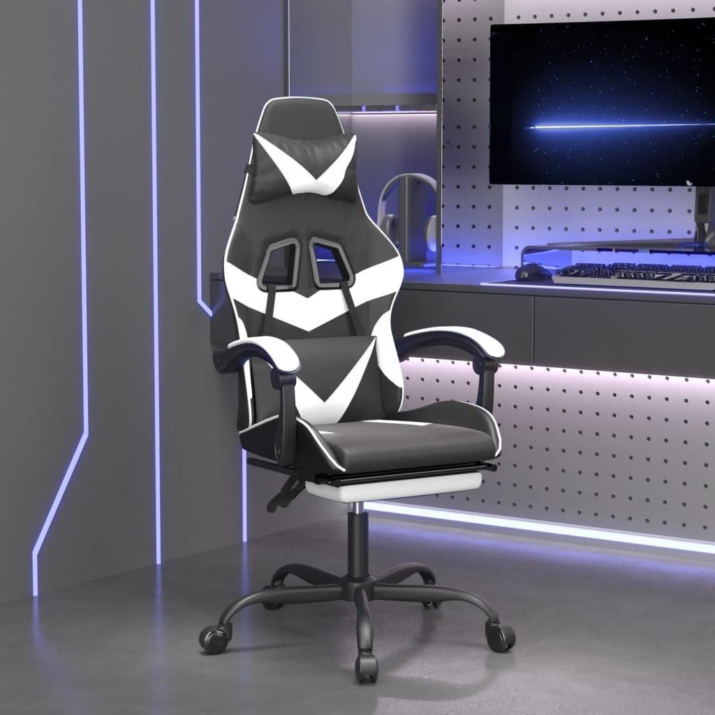 Cadeira de gaming c/ apoio pés couro artificial preto/branco