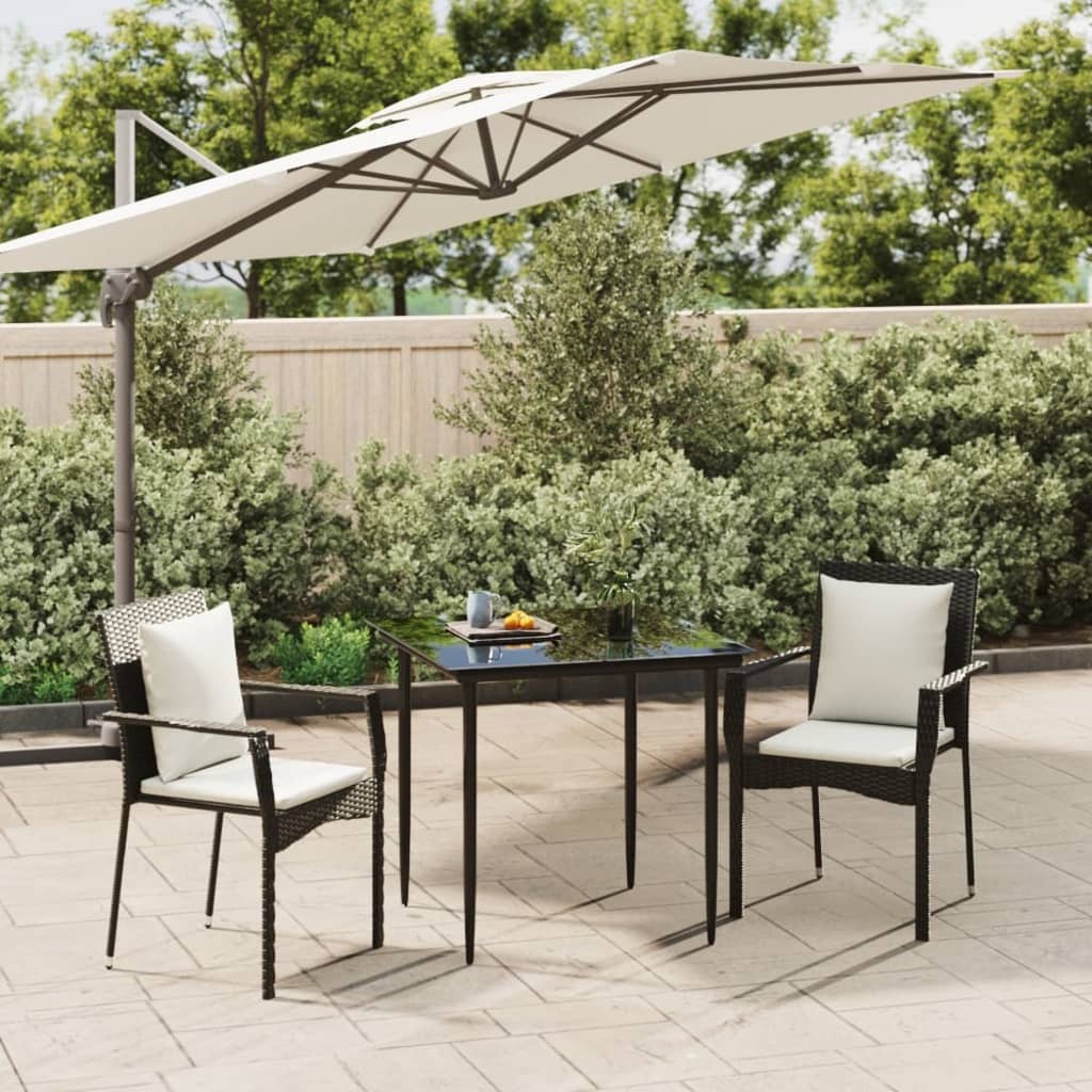 3 Pcs conjunto de jantar p/ jardim c/ almofadões vime PE preto