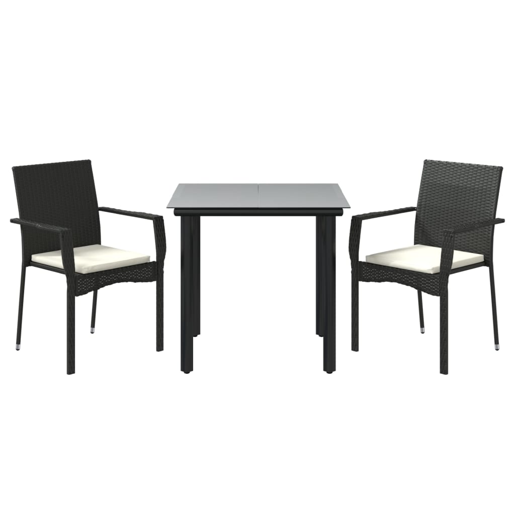 3 Pcs conjunto de jantar p/ jardim c/ almofadões vime PE preto