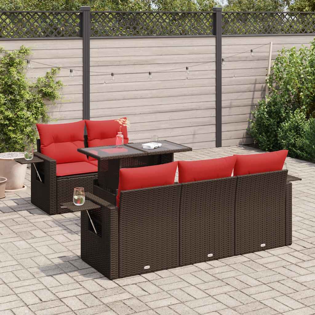 6 Pcs conjunto sofás jardim com almofadões PE/acácia castanho