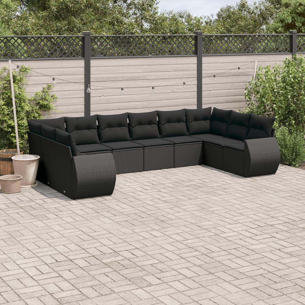 10 Pcs conjunto sofás de jardim c/ almofadões vime PE preto